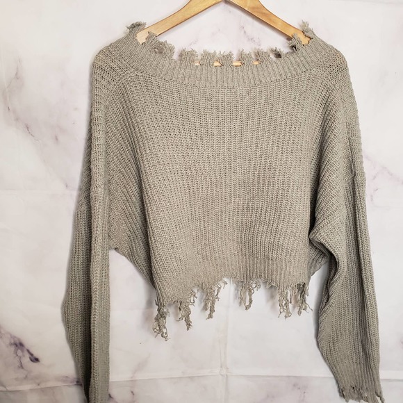 ZAFUL Gray Ripped V-neck Knitted Sweater Pullover OS - Picture 8 of 9